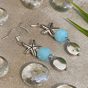 3/$25 Silver Earrings with Starfish and French Blue Faceted Glass Beads